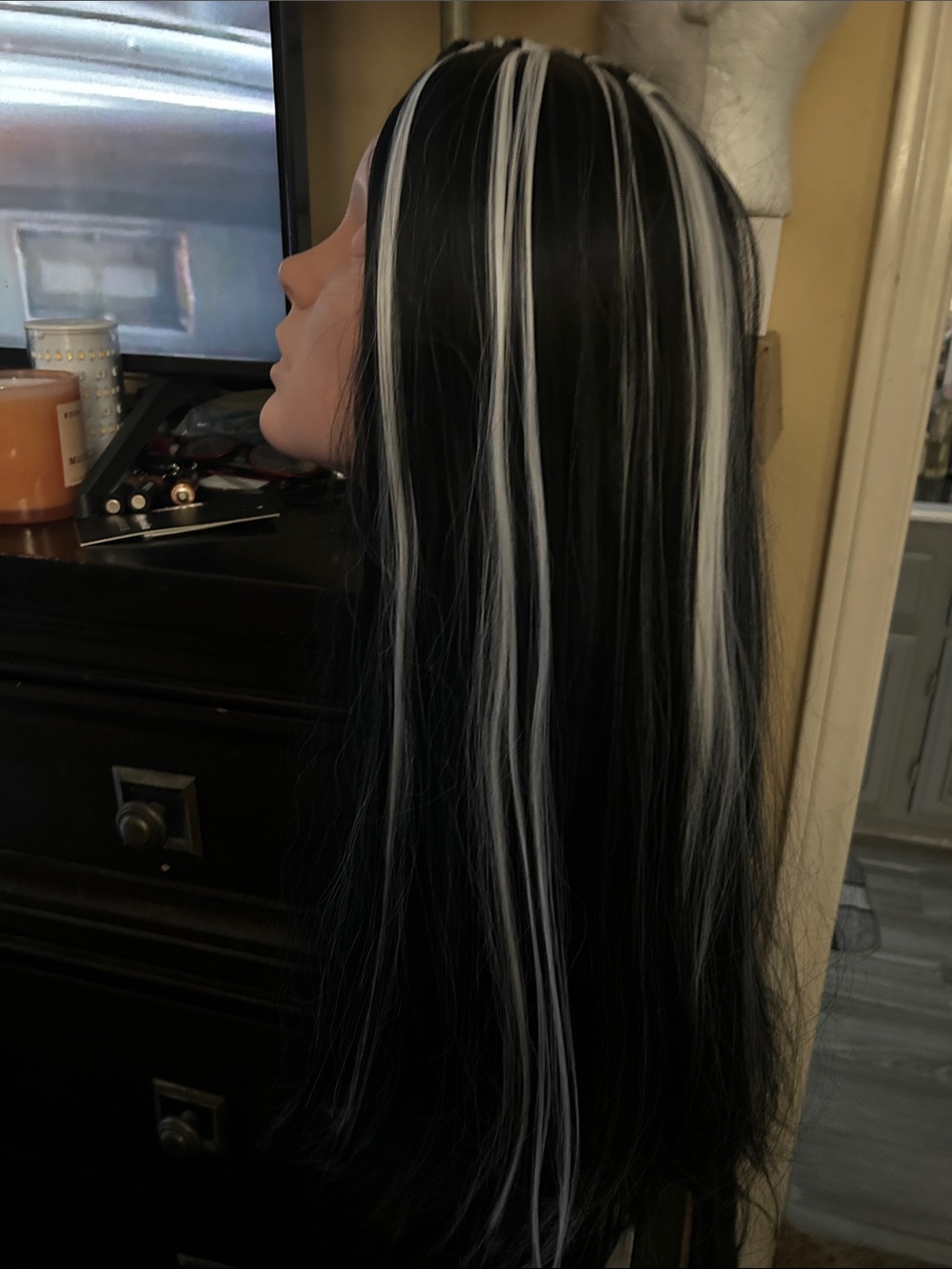 Black and White Long Straight Wig with Face-Framing Highlights